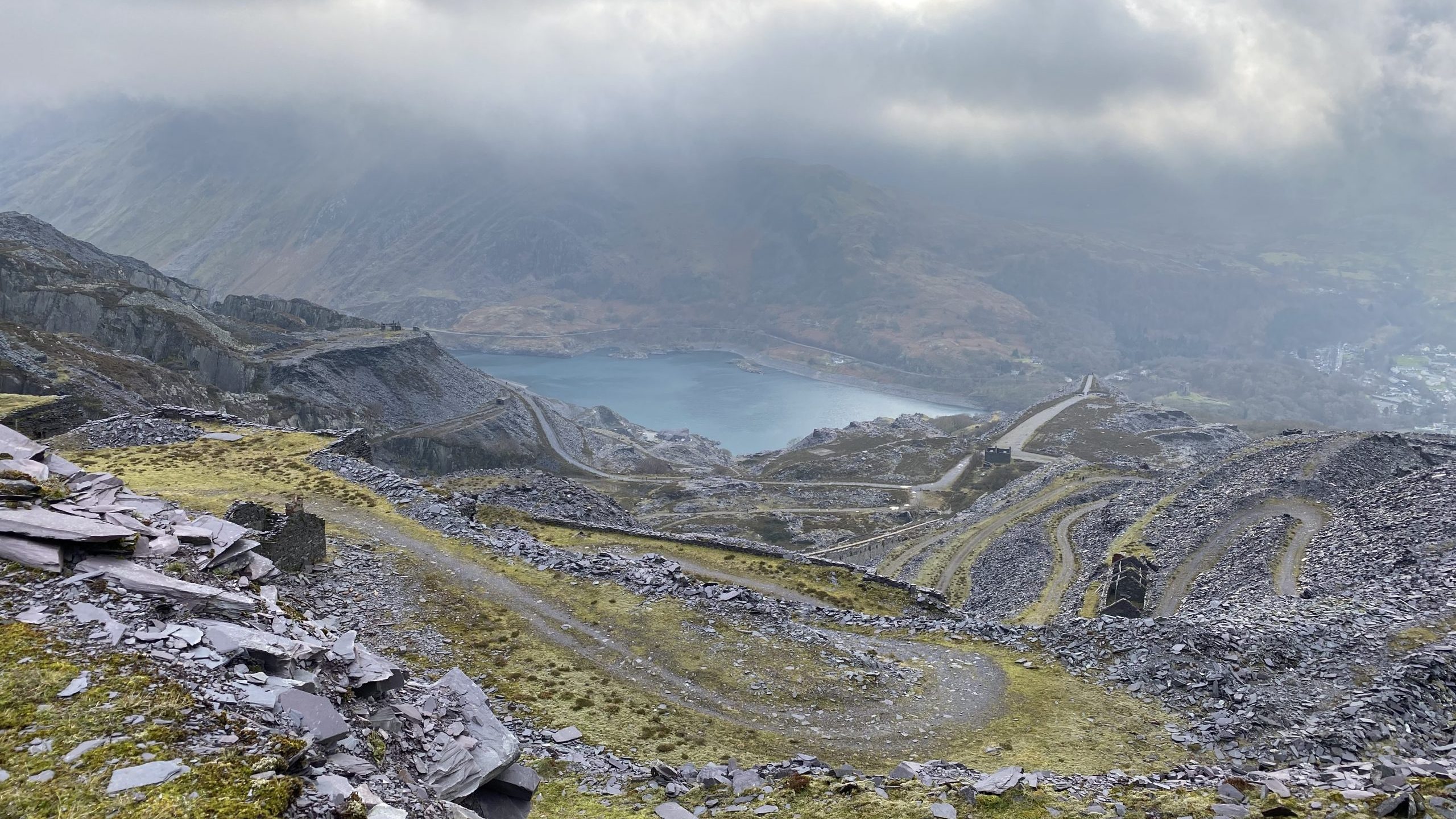 The slate landscape is in the mountains of Snowdonia