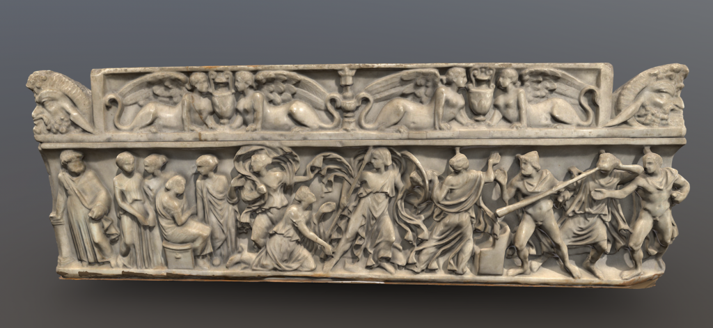 A digital render of the side of an elaborate stone sarcophagus depicting lots of human figures doing things in delicately carved drapery
