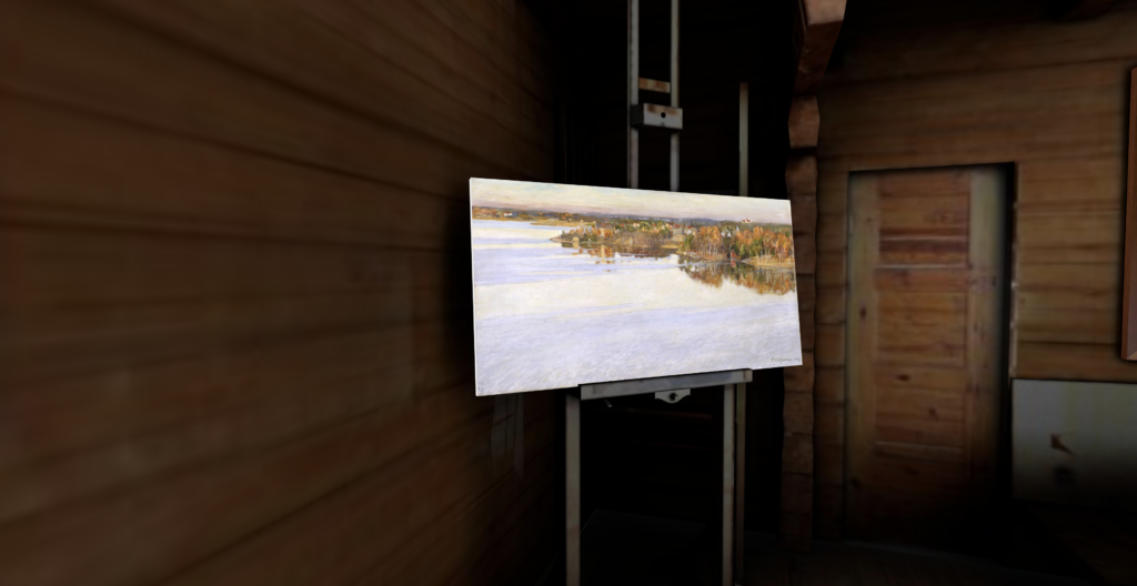 A digital rendering of a dark studio with a painted landscape on an easel